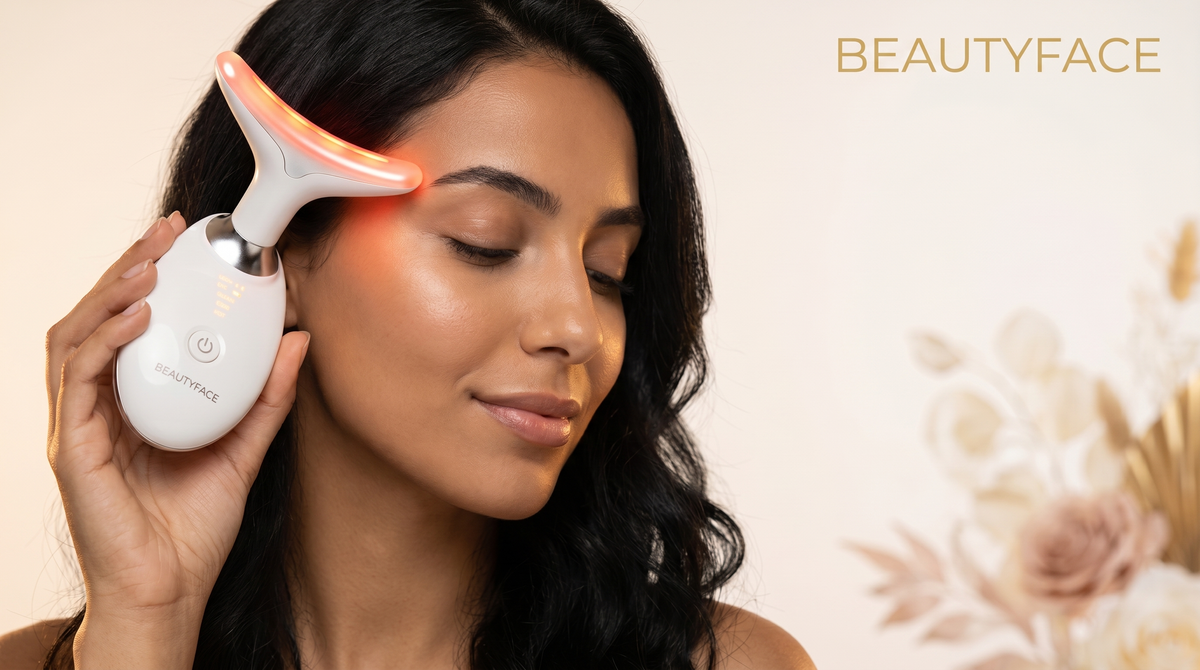 Femme appliquant le Sculpteur Facial LED BeautyFace sur la tempe, lumière rouge-orange — hero page produit